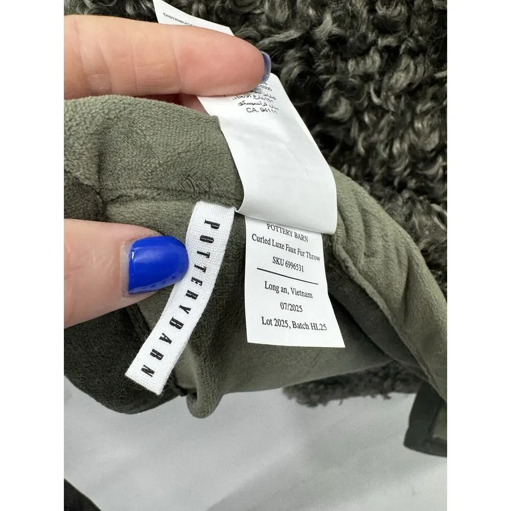 Pottery Barn Curled Luxe Moss Green Faux Fur Throw Blanket 50x60in NWT